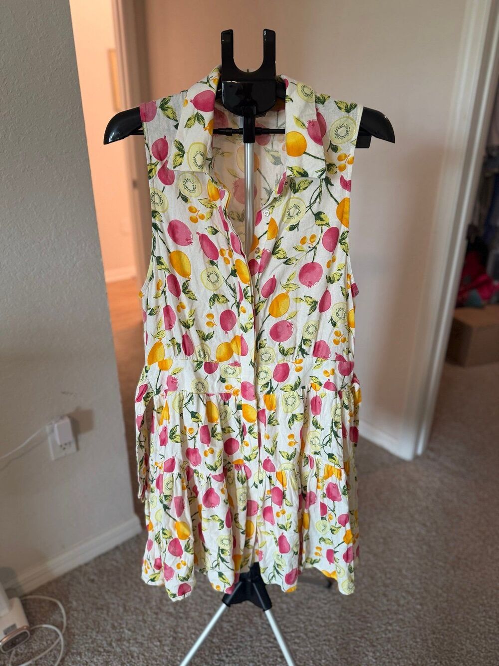 Cynthia Rowley Sleeveless Linen Blend Vibrant Fruit Button Down Belted Dress 12